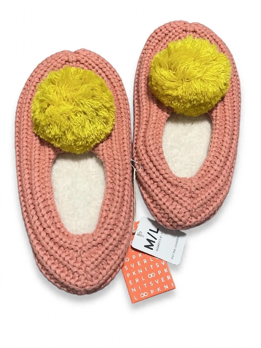 VERLOOP NWT M/L Knit Rib Loungers Pink Chartreuse Yellow Pom Pom Sherpa Lined
